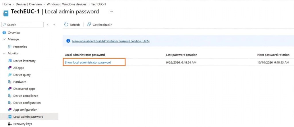 Microsoft Intune device monitor page for TechEUC-1 showing Show local administrator password option and rotation schedule