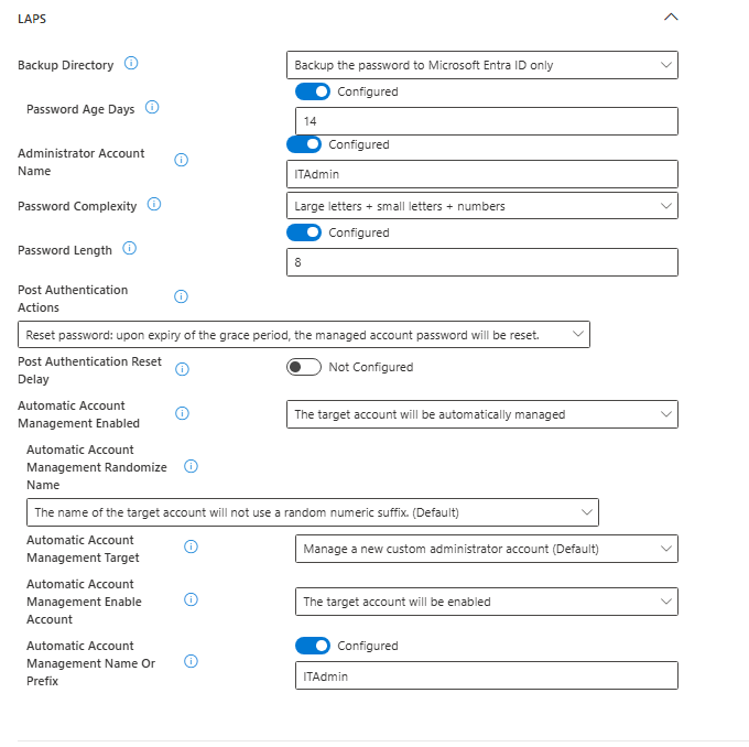 Microsoft Intune Windows LAPS configuration settings showing backup to Entra ID 14 days rotation ITAdmin account and automatic account management
