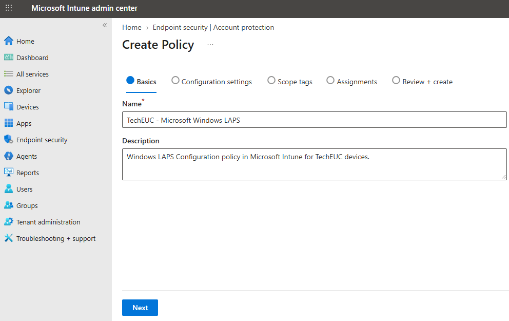 Microsoft Intune create policy basics tab showing Name TechEUC - Microsoft Windows LAPS and policy description