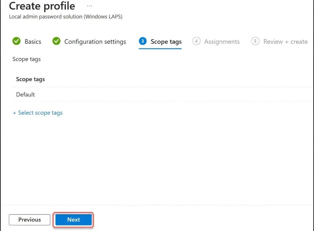 Microsoft Intune create profile scope tags tab showing Default scope tag selected