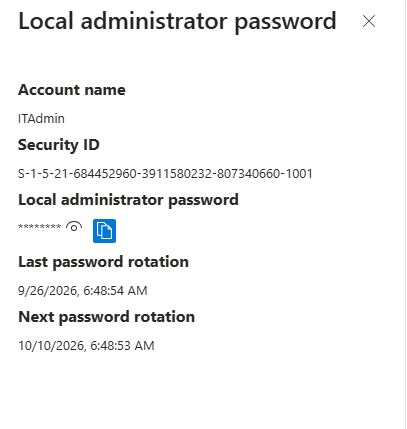 Microsoft Intune flyout pane showing Account name ITAdmin Security ID and local administrator password