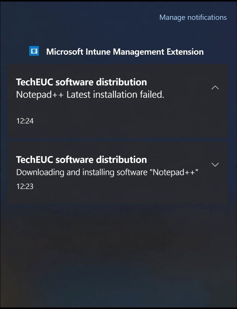 Windows Action Center notification showing TechEUC software distribution Notepad++ installation failed