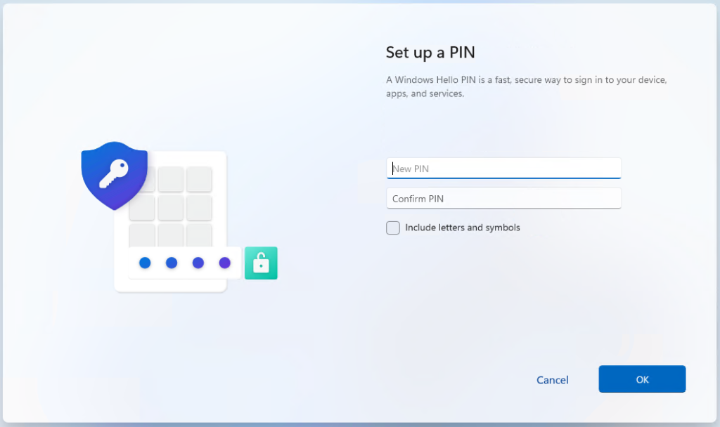 Windows 11 interactive Set up a PIN dialog box for Windows Hello for Business