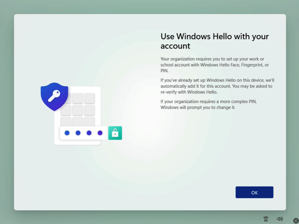 Windows 11 client onboarding screen prompting the user to set up Windows Hello Face Fingerprint or PIN