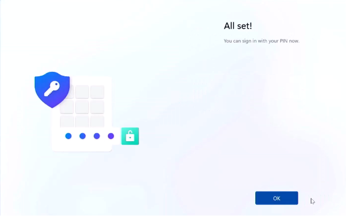 Windows 11 All set confirmation screen indicating user can sign in with PIN now