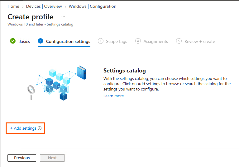 Clicking Add settings button in Intune Settings Catalog policy configuration