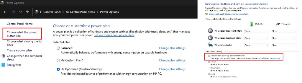 Windows Control Panel Power Options showing Turn on fast start-up unchecked
