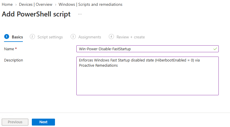 Creating Intune Platform Script named Win-Power-Disable-FastStartup
