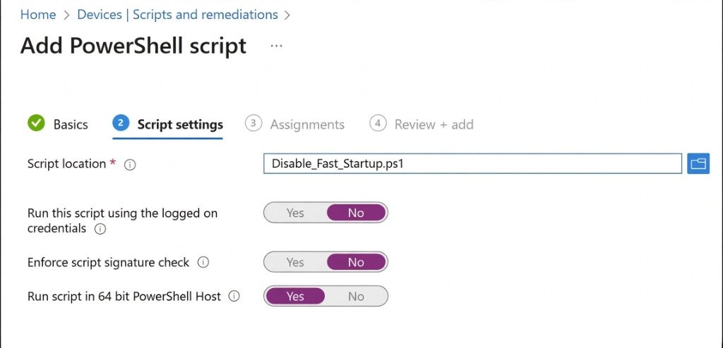 Configuring script settings in Intune for 64-bit PowerShell host and device context