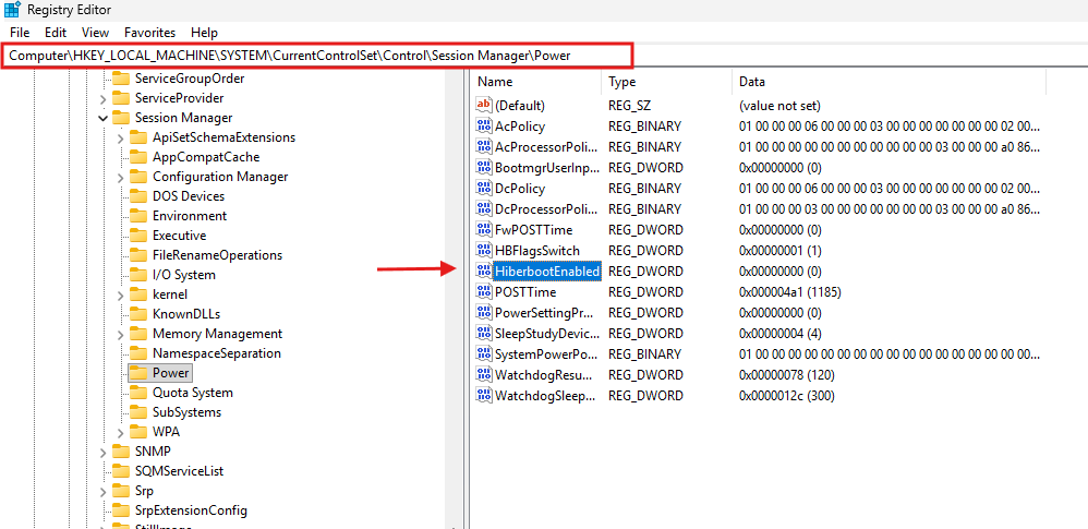 Windows Registry Editor showing HiberbootEnabled DWORD set to 0 under Session Manager Power
