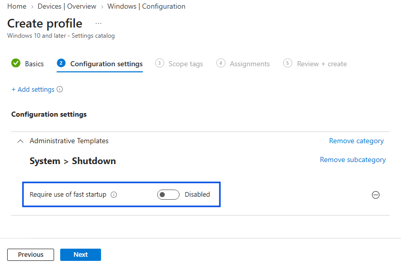 Intune Settings Catalog policy showing Require use of fast startup set to Disabled