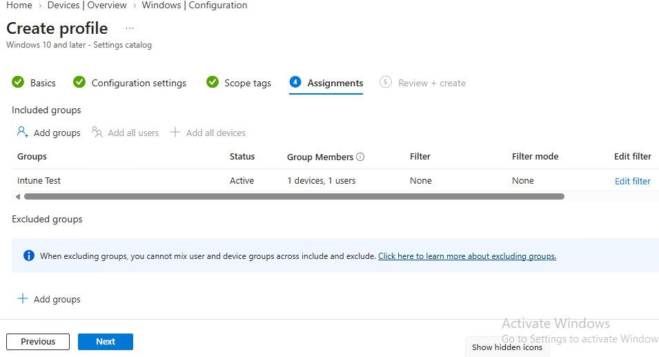 Targeting security groups on the Assignments tab in Intune Settings Catalog
