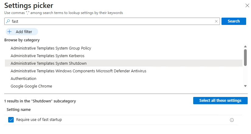 Intune Settings Picker searching fast under Administrative Templates System Shutdown