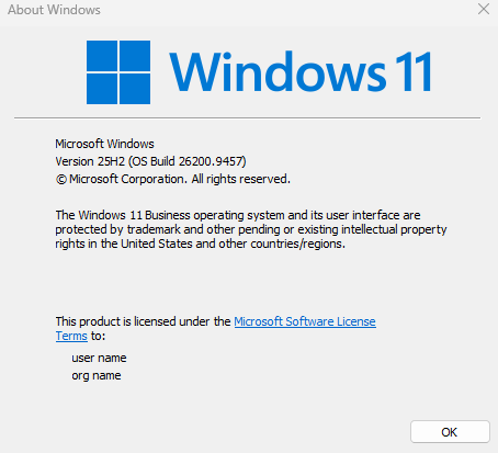 Windows 11 Version 25H2 OS Build 26200 Winver Baseline Before Upgrade