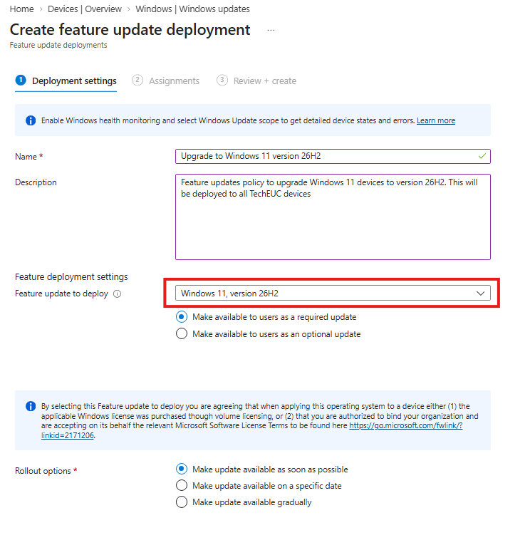 Select Windows 11 Version 26H2 as Required Feature Update Deployment in Intune