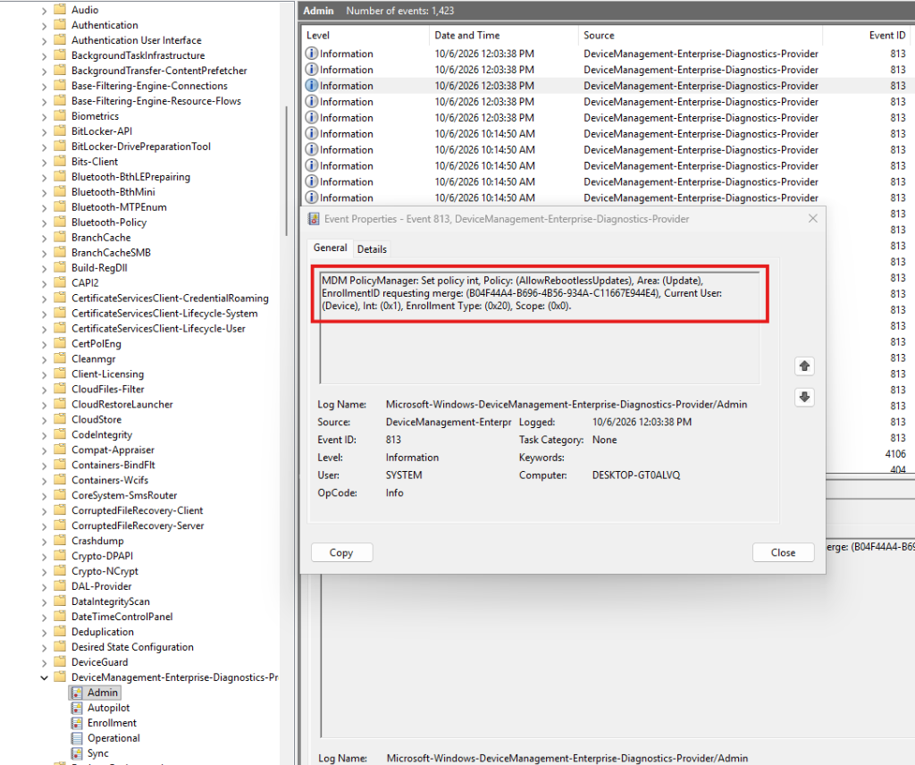 Event Viewer Event ID 813 DeviceManagement-Enterprise-Diagnostics-Provider MDM PolicyManager Verification