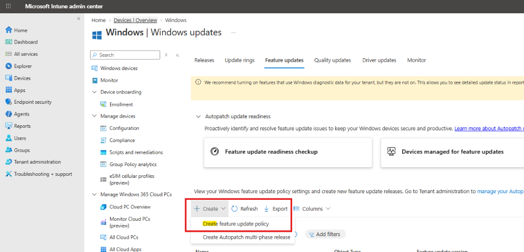 Navigate to Windows Updates Feature Updates Blade and Click Create Feature Update Policy