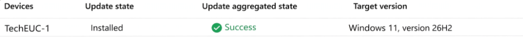 TechEUC-1 Device Status Installed Success on Windows 11 Version 26H2 in Intune Report
