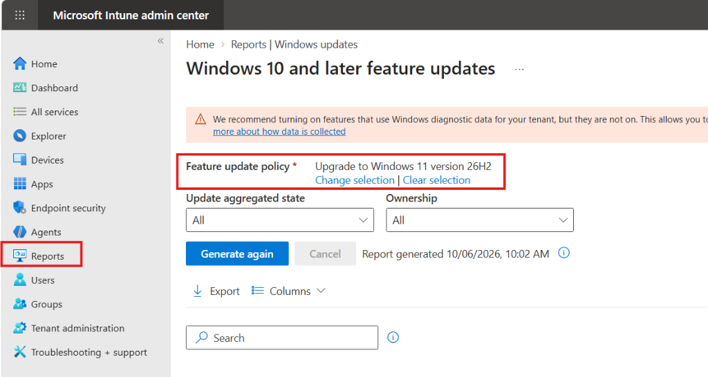 Intune Feature Update Reports Generating Windows 10 and Later Feature Updates Compliance
