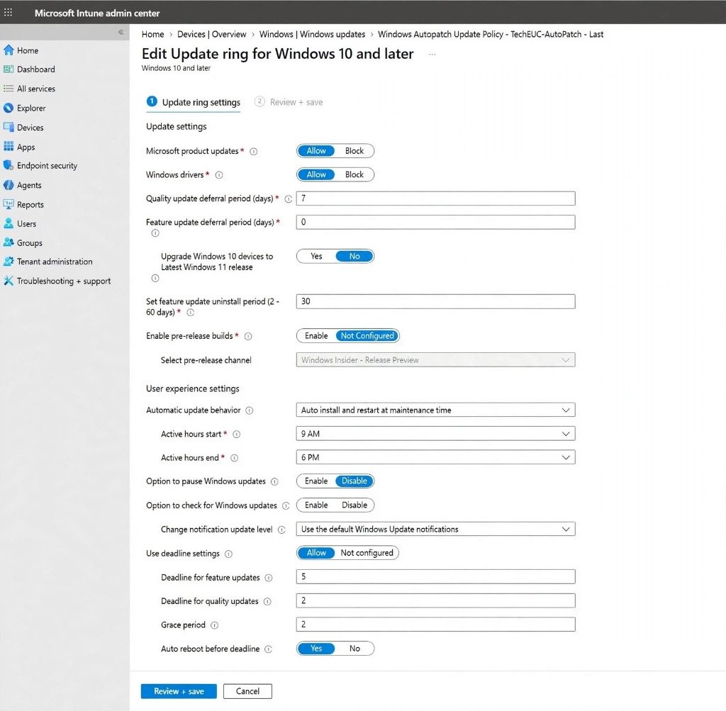 Intune Windows Update Ring Configuration with Feature Update Deferral Period 0 Days