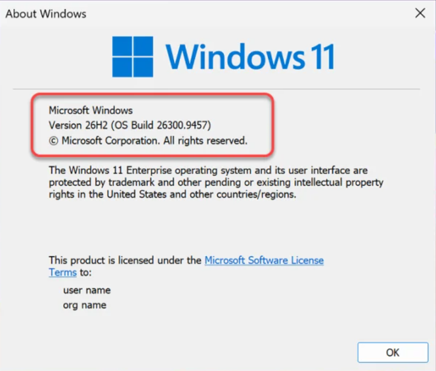 Winver Dialog Confirming Windows 11 Version 26H2 OS Build 26300 Successful Upgrade