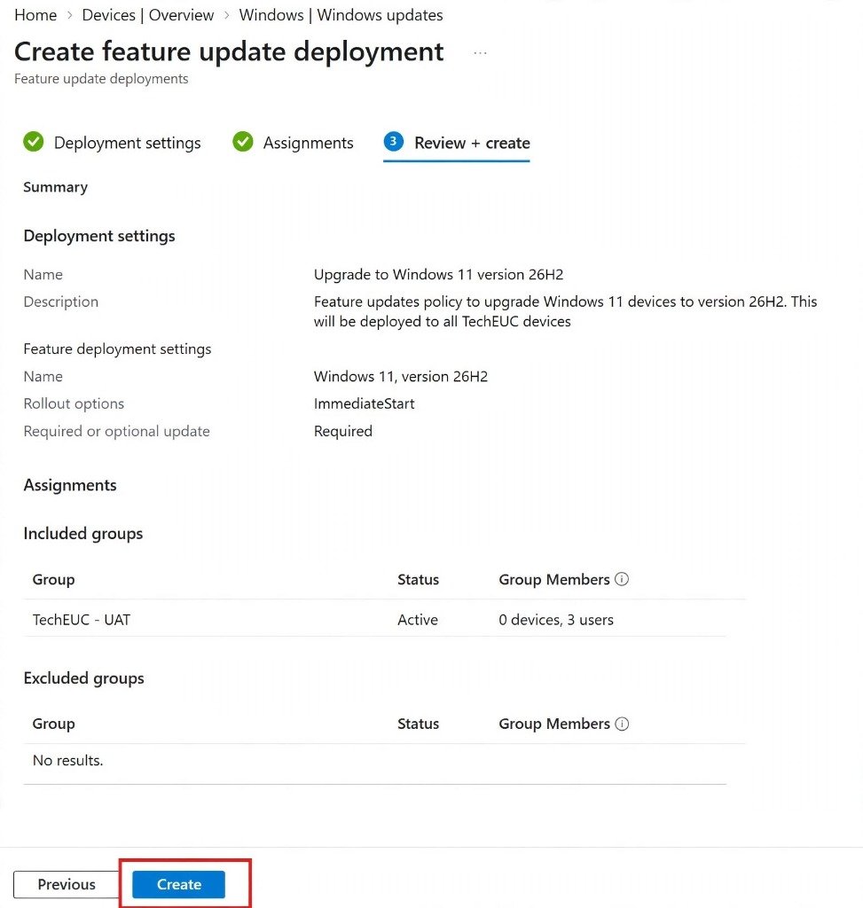 Review Summary and Confirm Creation of Windows 11 Version 26H2 Policy in Microsoft Intune