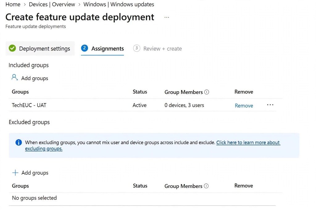 Assign Windows 11 26H2 Feature Update Policy to TechEUC UAT Device Group