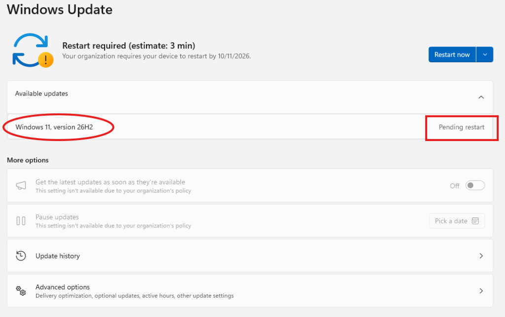 Windows 11 Version 26H2 Pending Restart Notification in Windows Update Settings